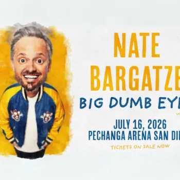 Poster for Nate Bargatze's "Big Dumb Eyes" world tour, showing a caricature of him smiling, with event details for July 16, 2026 at Pechanga Arena San Diego.