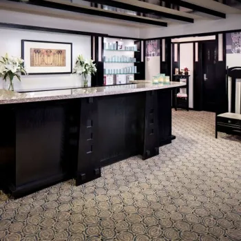 Reception area with a dark wood counter, display shelves holding products, a single tall-backed chair, and patterned carpet.