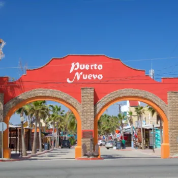 Red entrance arch with "Puerto Nuevo" in white letters, featuring two stone arches, palm trees, and shops visible beyond the gateway under a clear blue sky.