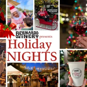 Collage of festive scenes at Bernardo Winery's Holiday Nights event, featuring carolers, decorations, food, drinks, and people enjoying holiday activities.