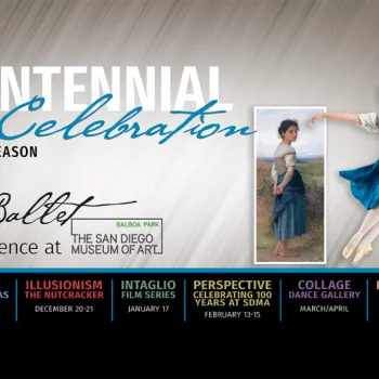 San Diego Ballet’s 2025-2026 season announcement featuring a dancer in costume and event listings with dates, presented in partnership with the San Diego Museum of Art.