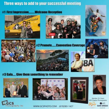 A collage of event photos showcases welcome receptions, convention coverage, and gala events with guests posing, speakers, and group celebrations. Text promotes ways to enhance meetings.