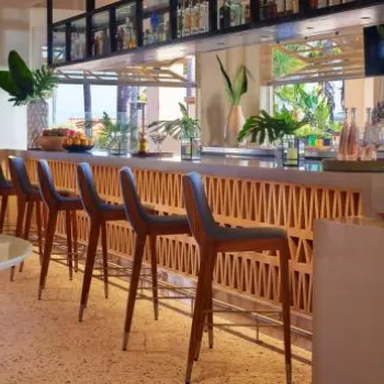 Modern indoor bar area with wooden stools, a countertop, decorative candles, and large windows letting in natural light, with tropical plants visible outside.