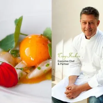 A beach sunset, a gourmet dish, a chef in a white coat, and a cocktail garnished with mint, shown in four vertical panels.