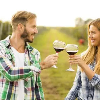A man and a woman stand in a vineyard, clinking glasses of red wine and smiling at each other.