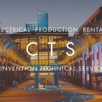 Modern convention center entrance at night with palm trees and colorful lighting, featuring text about CTS Convention Technical Services for electrical, production, and rental.