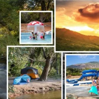 A collage showing a river, children in a pool, people ziplining, a tent by water, a helicopter, a woman and child on a beach, and a person mountain biking.