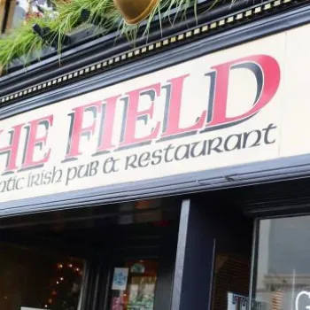 The entrance of The Field, an authentic Irish pub and restaurant, with a Guinness sign visible on the door.
