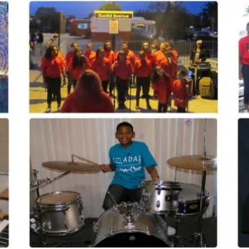 A collage of music classes and performances featuring children and adults singing, playing piano, violin, drums, and performing in choirs, both indoors and outdoors.