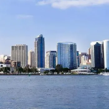 San Diego city skyline seen from the water with the HSMAI San Diego Chapter logo in the upper right corner.