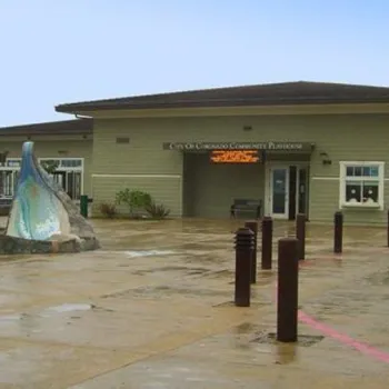 A single-story community center building with tan siding, a glass sculpture in front, and an American flag on the right side. The ground appears wet from rain.