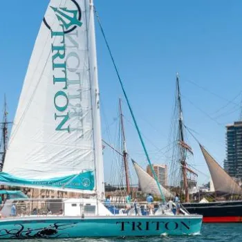 A turquoise catamaran sailboat named "TRITON" sails in a harbor with city buildings and old sailing ships in the background.