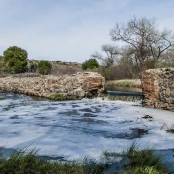 A stone wall spans a shallow stream with foam on the water’s surface, surrounded by trees and grassy banks under a cloudy sky.