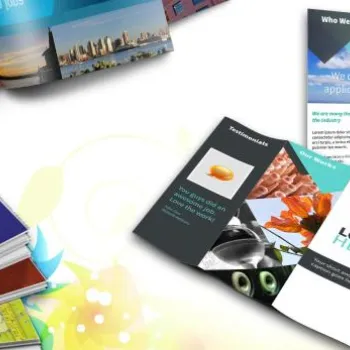 A selection of open magazines and brochures with colorful images and graphic design elements displayed on a light, abstract background.