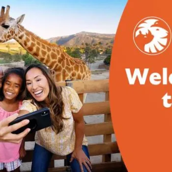 A family takes a selfie with a giraffe in the background at the San Diego Zoo Safari Park. Text reads: "Welcome Back to the Wild. Get Tickets.