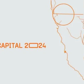 Minimalist map highlighting a region in the northwestern part of Mexico and southwestern United States with the text "We are World Design Capital 2024" in orange.