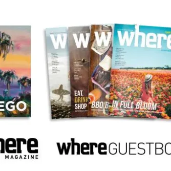 A selection of "Where San Diego" magazine issues and a guestbook are displayed side by side, featuring colorful covers and the magazine’s logo below.