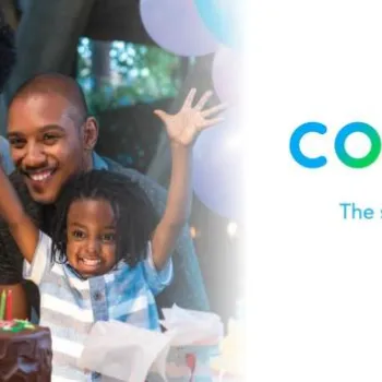 A family poses for a photo at a birthday party with a cake, while someone takes their picture. Cox Mobile logo and slogan appear on the right.