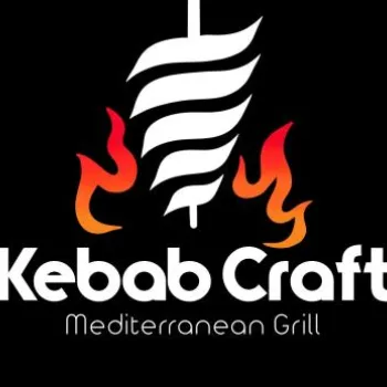 Logo for "Kebab Craft Mediterranean Grill" featuring a stylized skewer with flames on a black background.