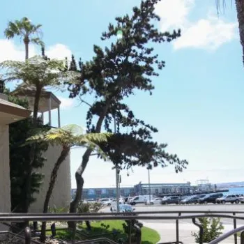 Exterior view of Ruth's Chris Steak House with palm trees, a parking lot, and a marina visible in the background under a partly cloudy sky.