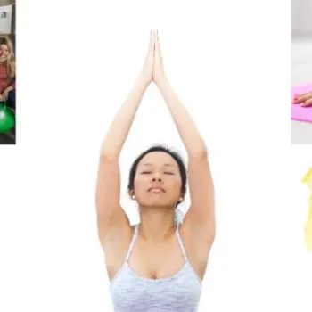 Collage showing people exercising on balance balls in an office, a woman in yoga pose, a person doing yoga, a roller-skating group, and a dancer with colorful ribbons.