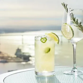 Three cocktails with citrus garnishes are placed on a glass table, overlooking a cityscape and body of water in the background.