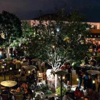 Large outdoor dining area at night with many people seated at tables under string lights, surrounded by trees and greenery, creating a lively atmosphere.