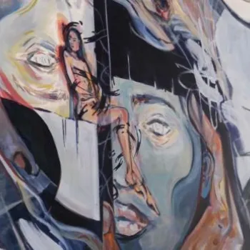 A colorful mural featuring abstract human faces and a small, detailed figure of a woman within the larger designs, painted on an indoor wall with string lights nearby.