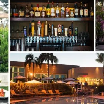 Collage showing a woman dining outdoors, a bar with liquor and beer taps, people around a fire pit, and a pool area with umbrellas and palm trees at a resort.