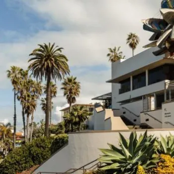 A modern building with a large outdoor sculpture made from boats, surrounded by palm trees and greenery under a partly cloudy sky.