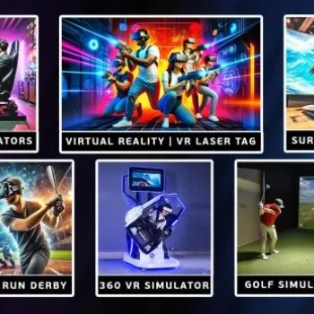 A collage showing race simulators, virtual reality laser tag, surf simulators, home run derby, 360 VR simulator, and a golf simulator, each with corresponding images.