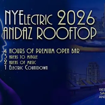 Promotional poster for "NYElectric 2026 Andaz Rooftop" event, listing bar, music, mingling, and countdown, with a stylized head graphic and cityscape background.