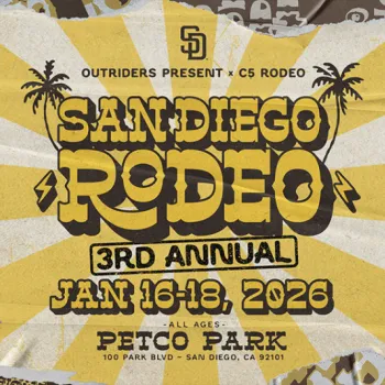 Promotional poster for the 3rd Annual San Diego Rodeo, January 16-18, 2026, at Petco Park, San Diego, CA. All ages event presented by Outriders and C5 Rodeo.