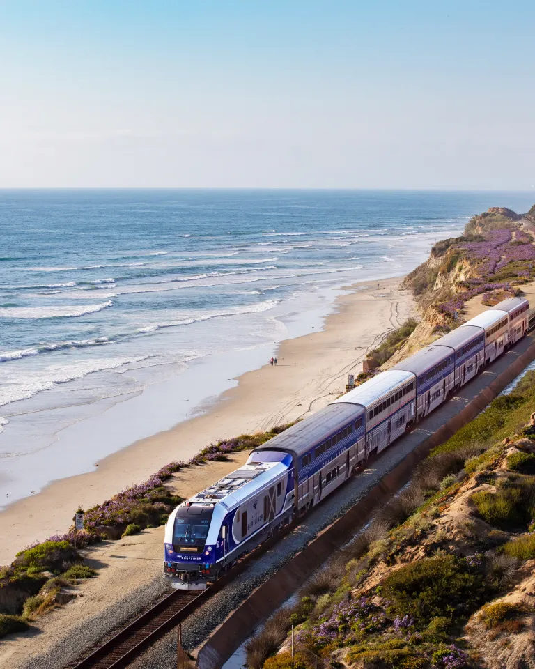 Pacific Surfliner Amtrak train heading south to San Diego with a gorgeous view of the water