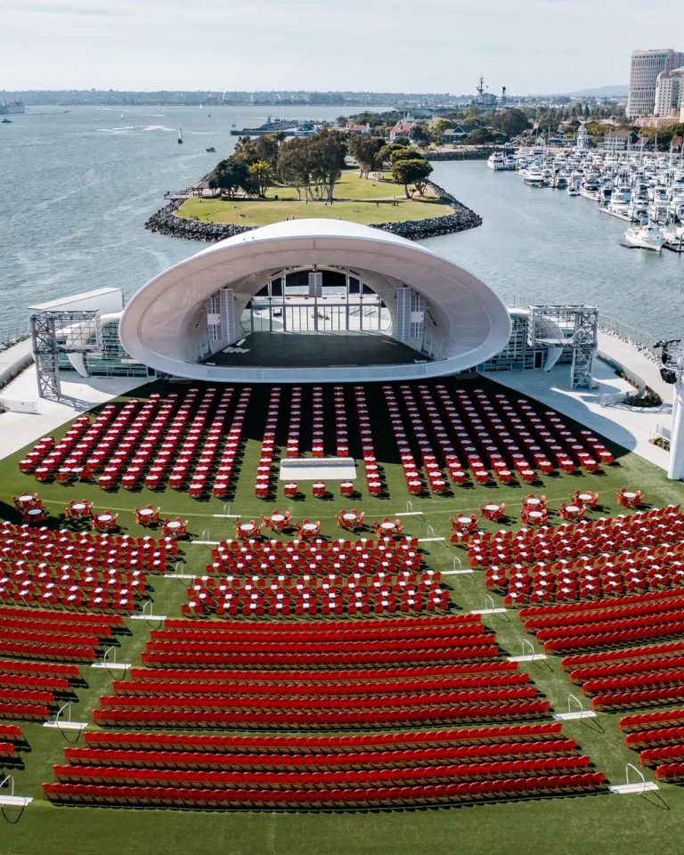 Aerial view of the Rady Shell concert venue located on the San Diego Bay in Downtown San Diego