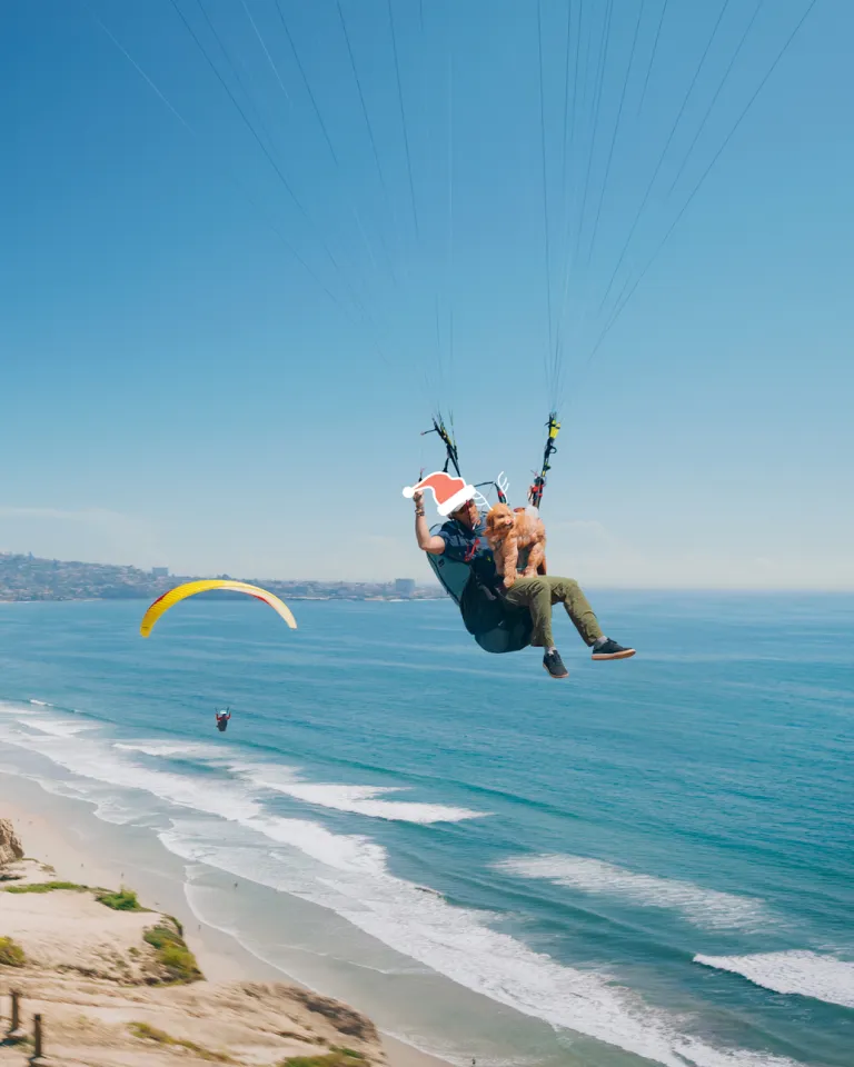 Hang gliders over Torrey Pines with some fun Holiday graphics added to the image.