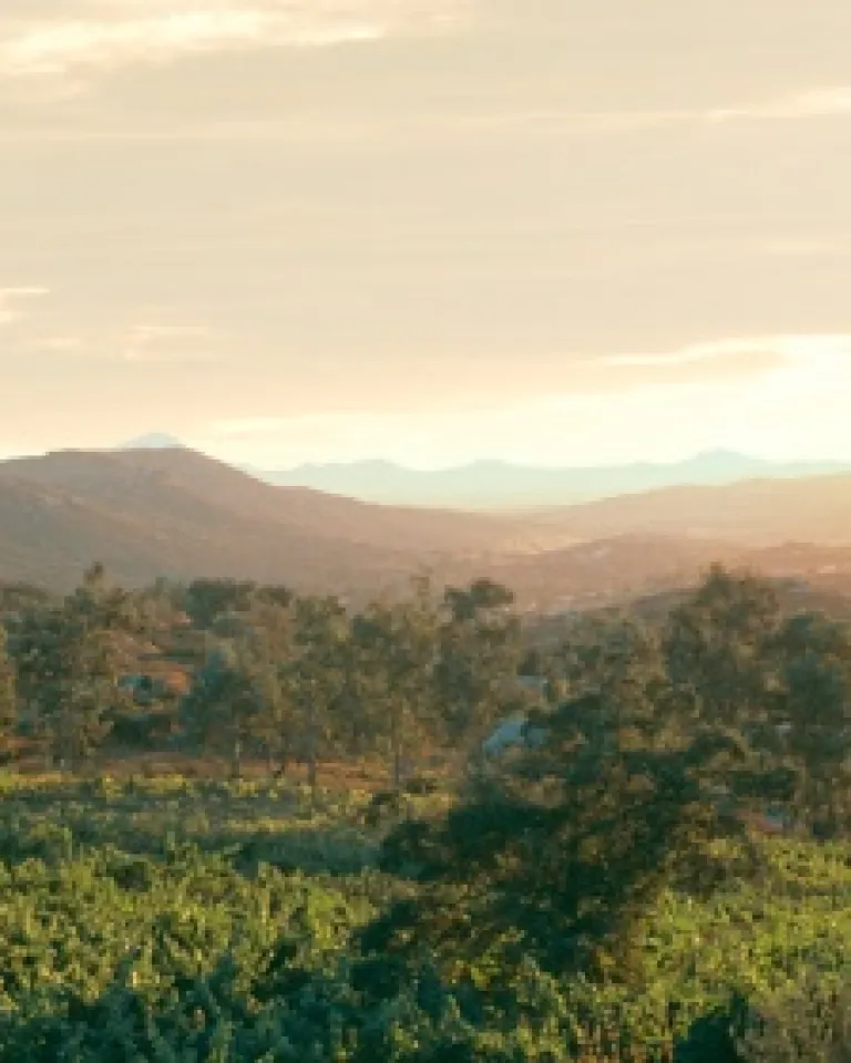 A view of sunset over the mountains and valleys in the beautiful wine country of Ramona, near San Diego, CA