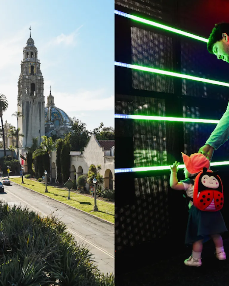 Various locations and activities in San Diego's beautiful Balboa Park are depicted, including images of museums and of a father exploring an exhibit with his young child.