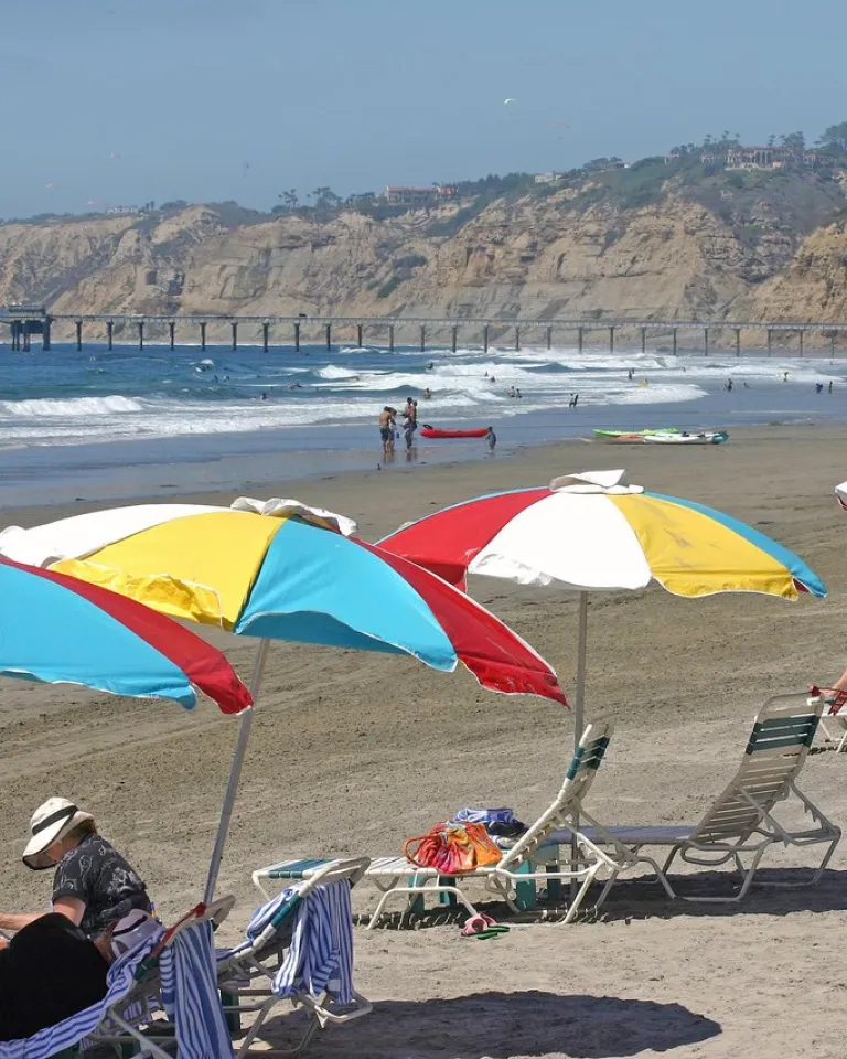 A view of La Jolla Shores beach in San Diego, CA, on a sunny day, showing bright umbrellas, sunbathers, waves and coastal bluffs under a blue sky.