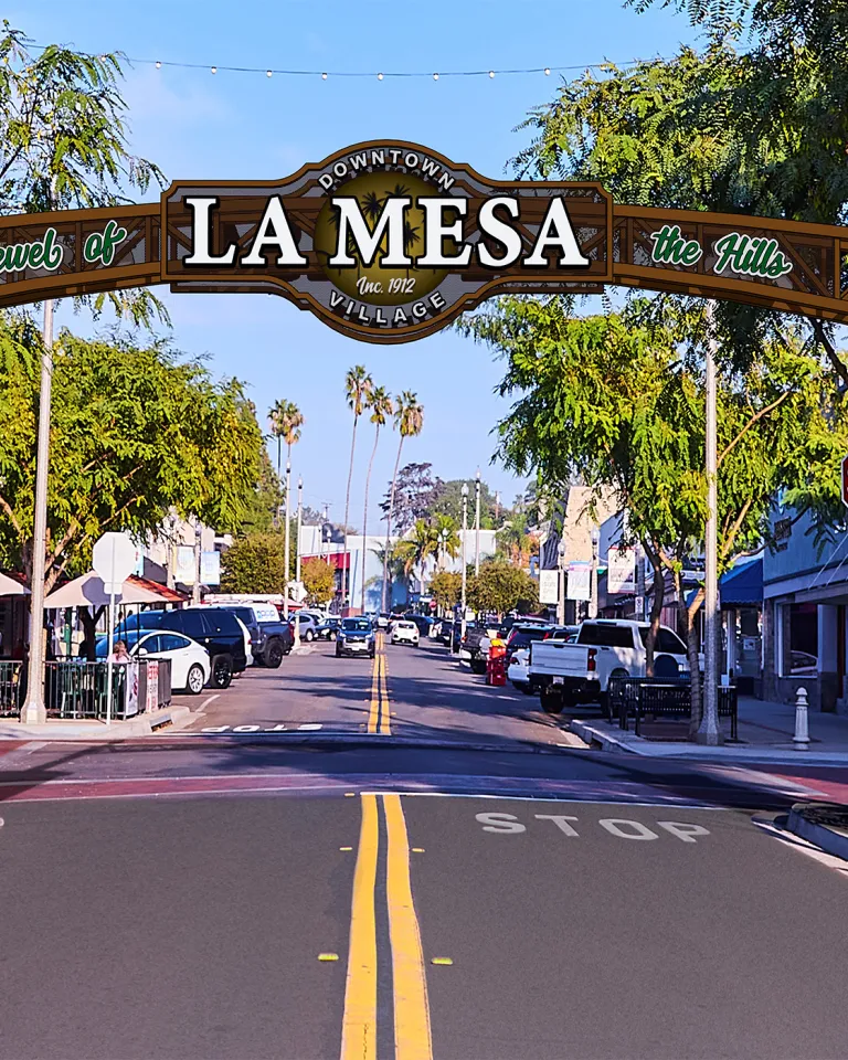 Colorful archway reading "LA MESA" over a tree-lined street with shops and palm trees.
