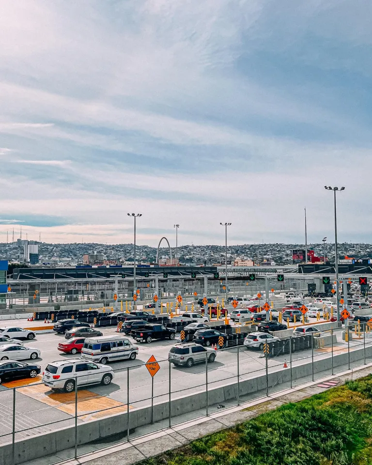A view of cars lined up at the U.S.-Mexico border crossing at Otay Mesa near San Diego.