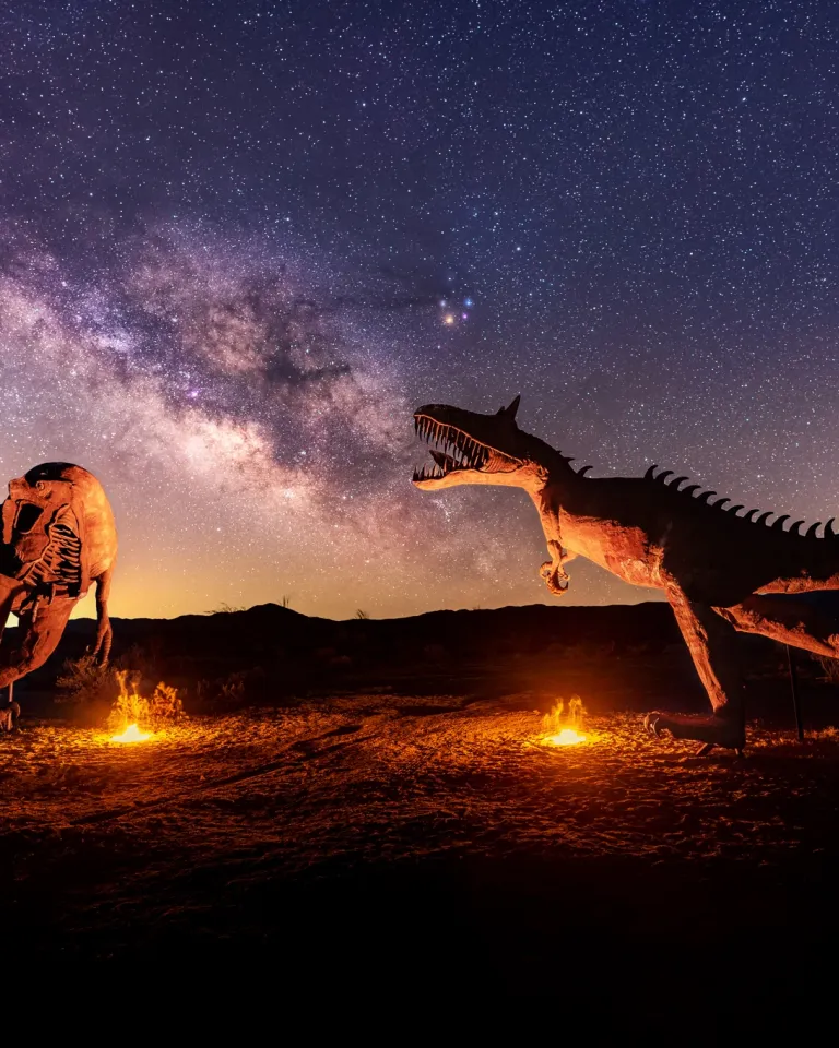 Two dinosaur statues near campfires under a starry sky at sunset in San Diego's East County, a great place for stargazing.