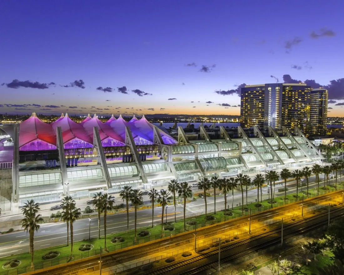 San Diego Convention Center highlighted with lights at night