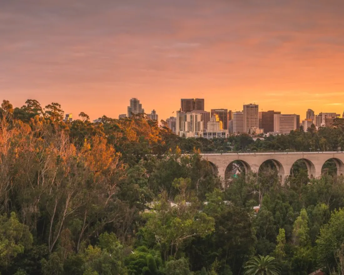 San Diego skyline at sunset with trees in the foreground, a historic viaduct, and an airplane flying in the orange sky.