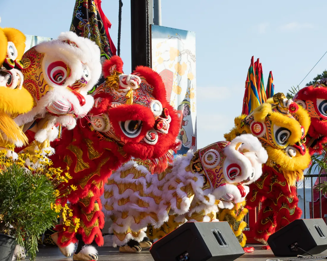 Performers in colorful lion costumes participate in a traditional lion dance on an outdoor stage, with decorations and plants nearby.