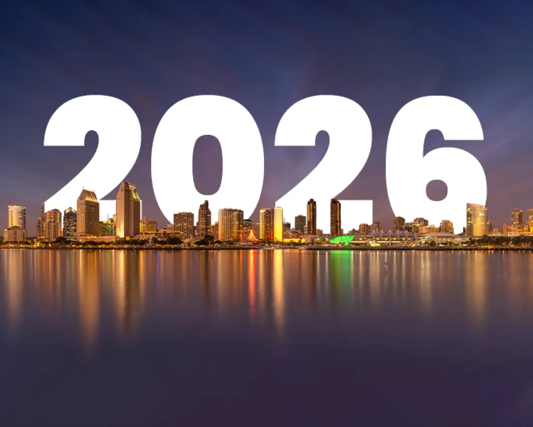 San Diego Skyline with lights in holiday colors with 2026 superimposed over the sky