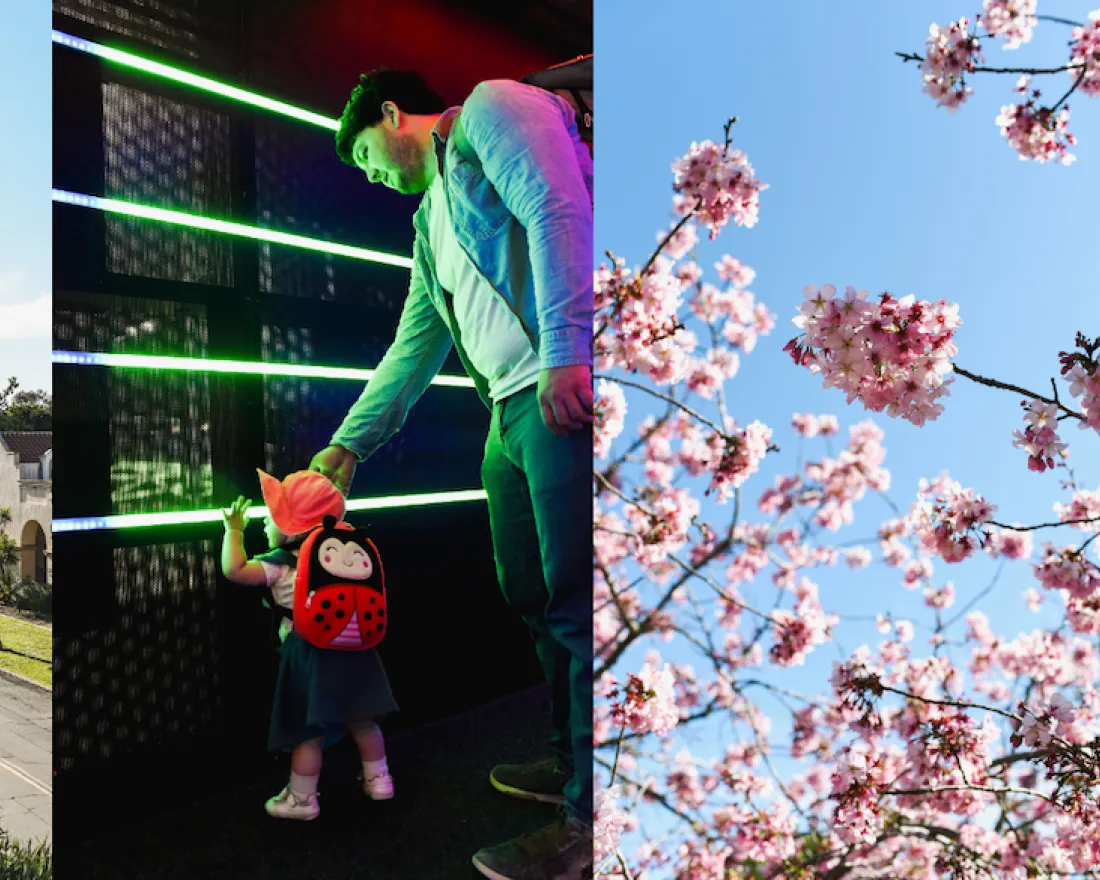 Various locations and activities in San Diego's beautiful Balboa Park are depicted, including images of museums and of a father exploring an exhibit with his young child.