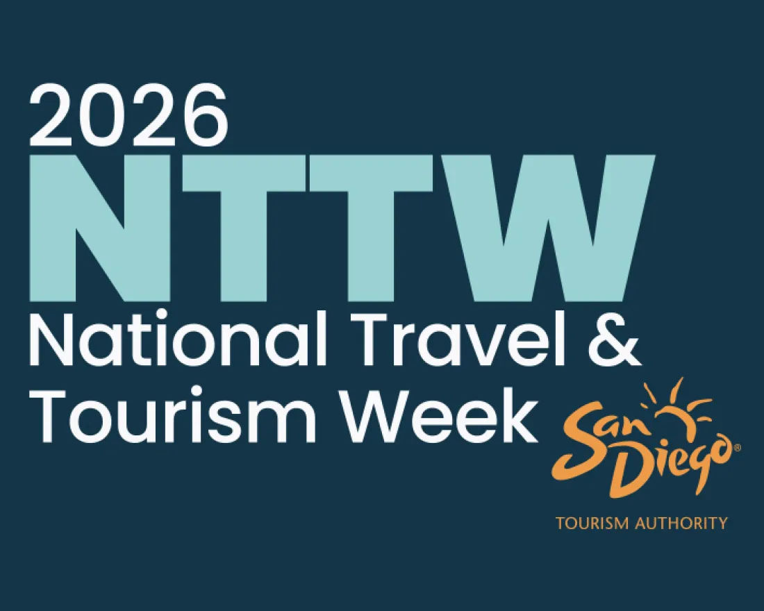 2026 National Travel & Tourism Week logo, featuring blue and orange text on a dark background.