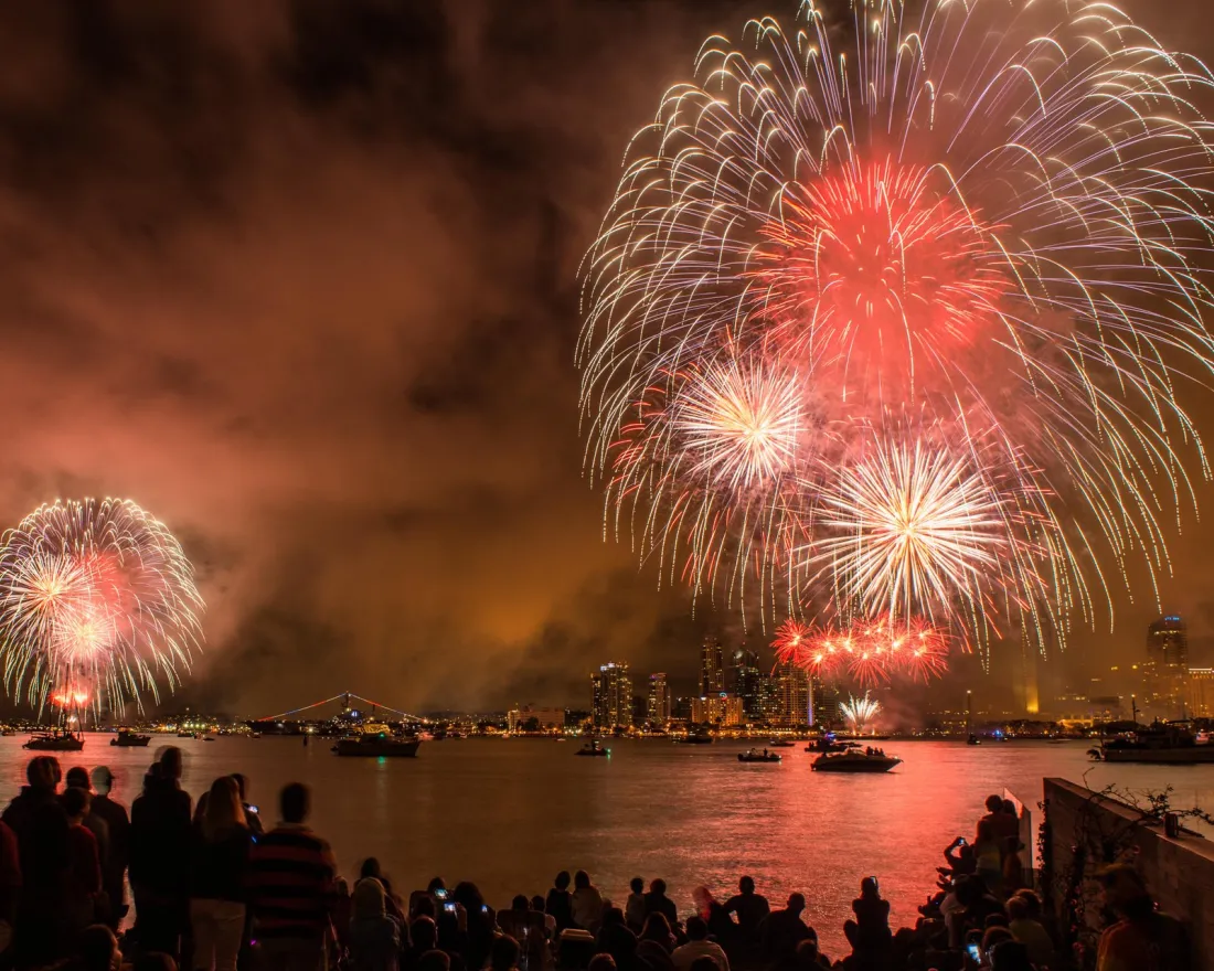 Colorful fireworks for Big Bay Boom illuminate the night sky over San Diego's waterfront for Fourth of July, with spectators watching in awe.