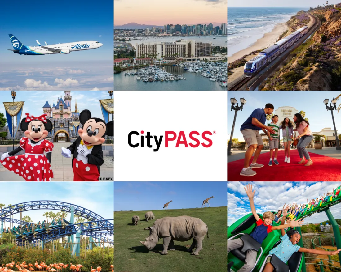 Collage featuring Disneyland characters, landmarks, animals, and the CityPASS logo.